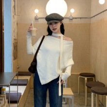 10.13广州十三行25冬五色毛衣慵懒风飘带围巾宽松不规则两穿F6975