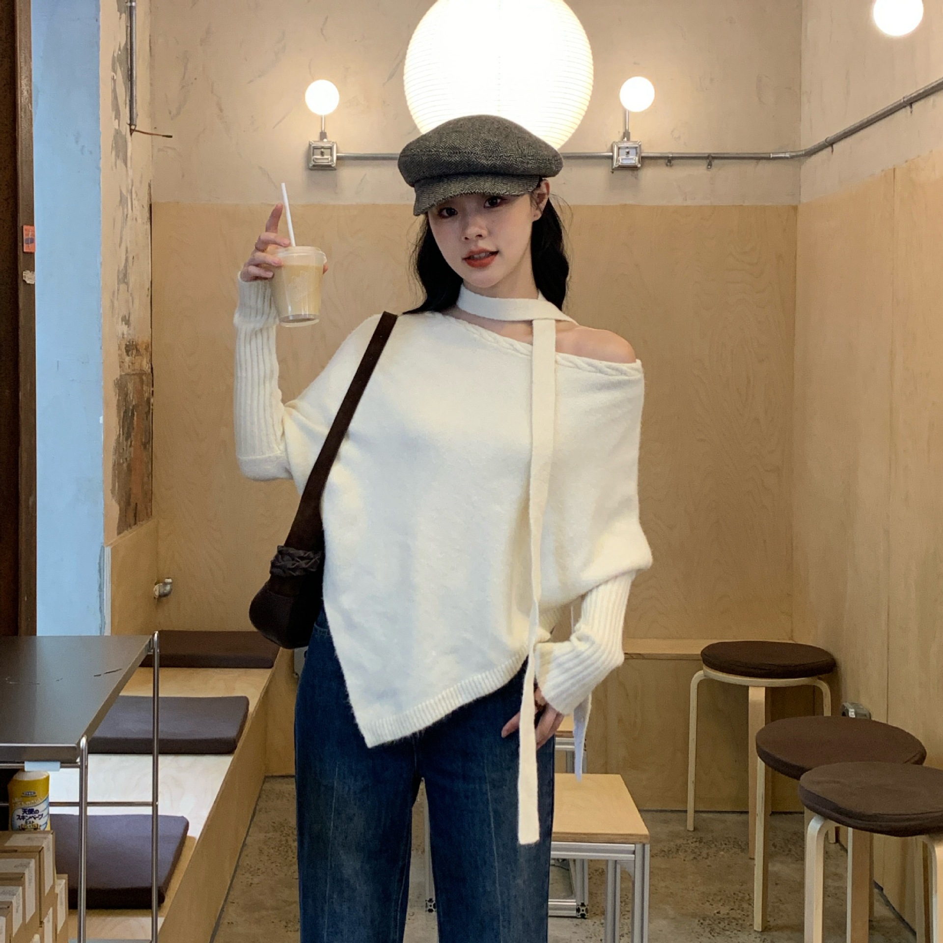 10.13广州十三行25冬五色毛衣慵懒风飘带围巾宽松不规则两穿F6975