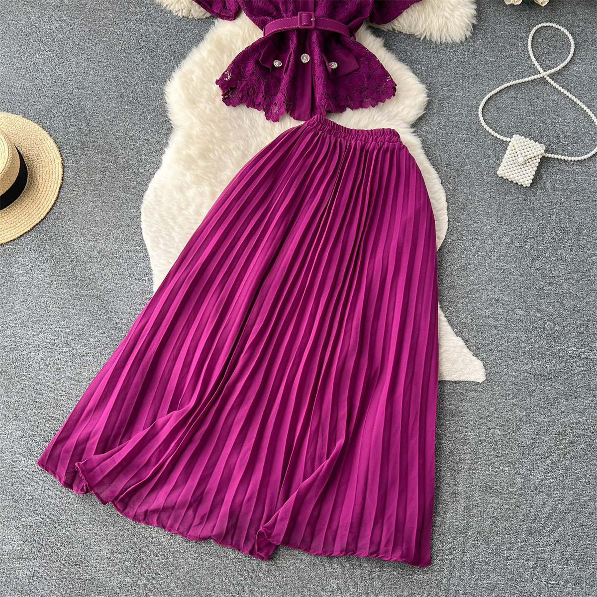 Damen Zweiteiliges Set Aus Kurzarmbluse Und Plisseerock Für Den Sommer_voghion.com
