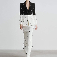 2025新款欧美明星时尚亮片拼色西装夹克 鱼尾长款半身裙套装