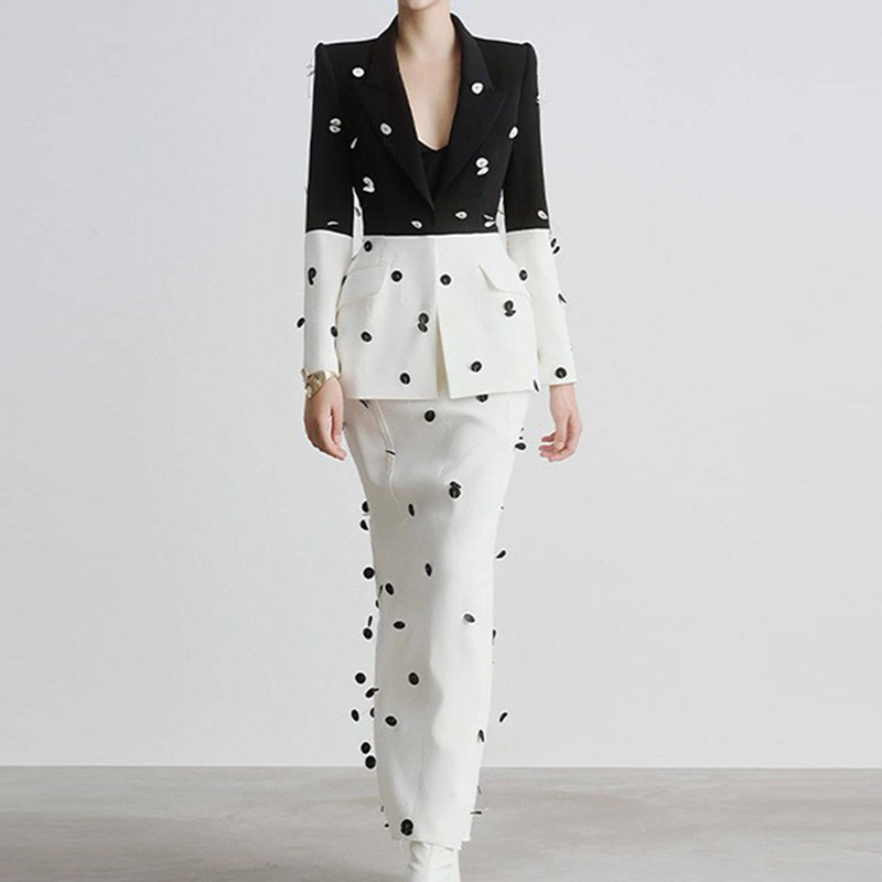 2026 New European and American Celebrity Fashion Sequin Color-Blocked Blazer Jacket Fishtail Long Skirt Suit