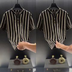 夏季新款男士潮流高品质潮流条纹舒适百搭轻薄透气男士T恤短袖