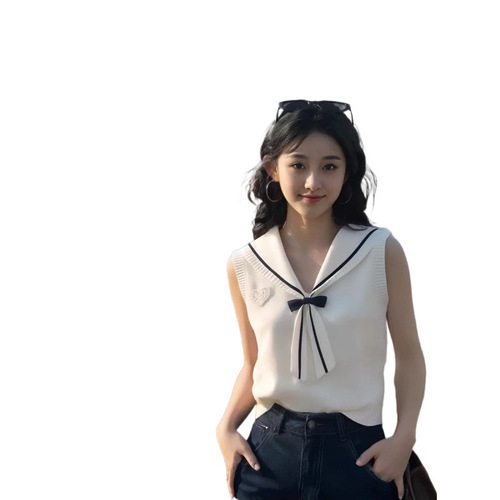 Cream White Navy Collar Bow Knot V Neck Cardigan for Women - Spring New Arrival Korean Style Knit Top
