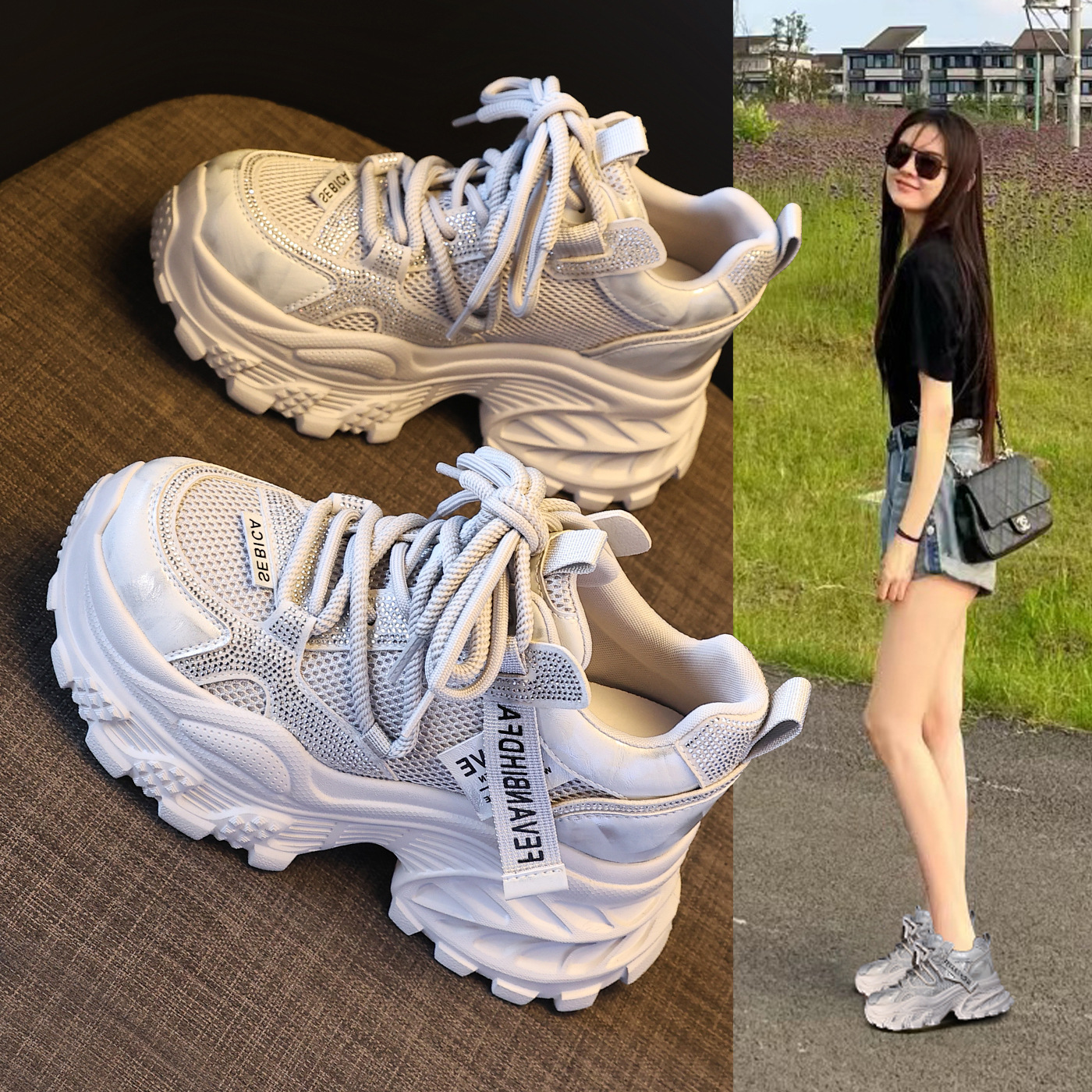 Giày sneaker nữ chunky đế dày tăng chiều cao đính đá rhinestone phong cách thể thao — Màu súng