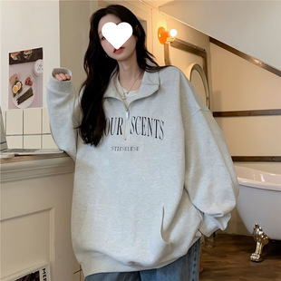 Extra Large Size 150kg Hong Kong Style American Retro Half-Zip Sweatshirt for Women Japanese Loose Lazy Style Turn-Down Collar Sweatshirt