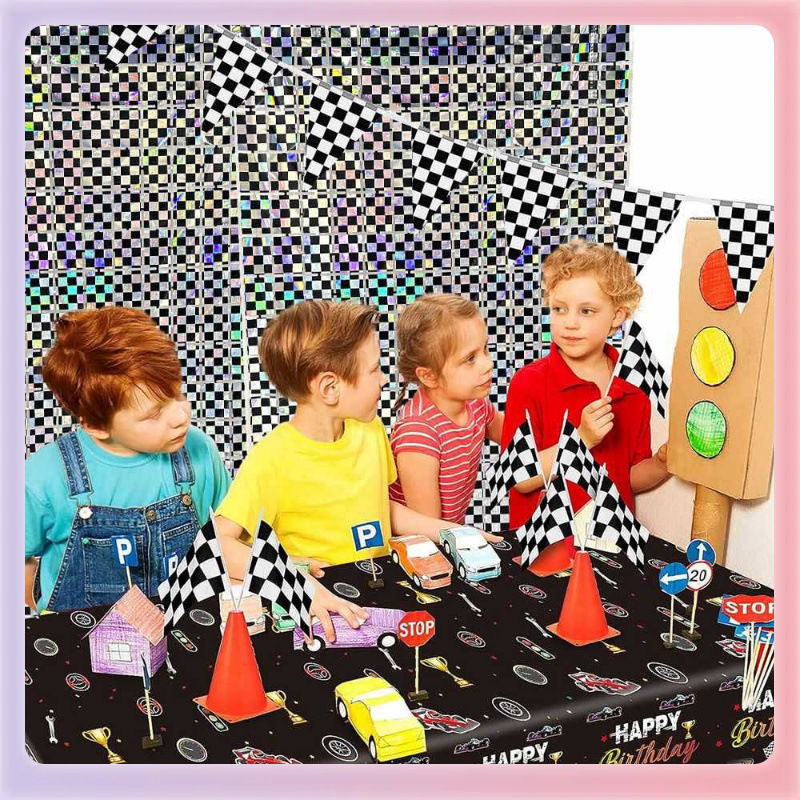 ✅棋盘格镭射方块帘雨丝帘赛车派对聚会装饰布置背景布黑白格子门