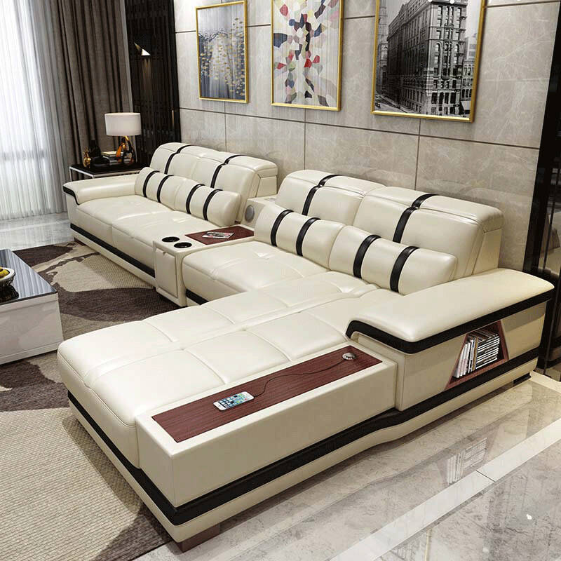 Sofá de cuero genuino amarillo piel de vaca esquina sofá chaise estilo moderno sala de estar apartamento grande y pequeño fila recta madera maciza luz sofá de lujo