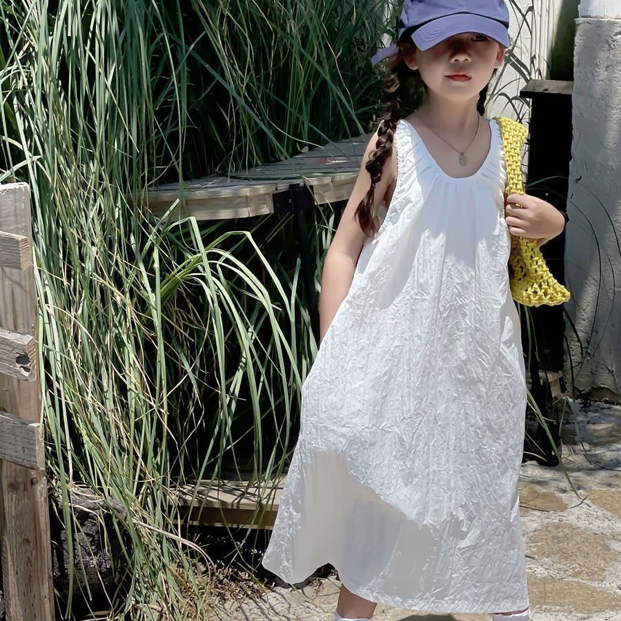 Girls Korean Style Seaside Resort Style Small Fresh White Dress Kidsren's Summer Casual Sleeveless Vest Dress