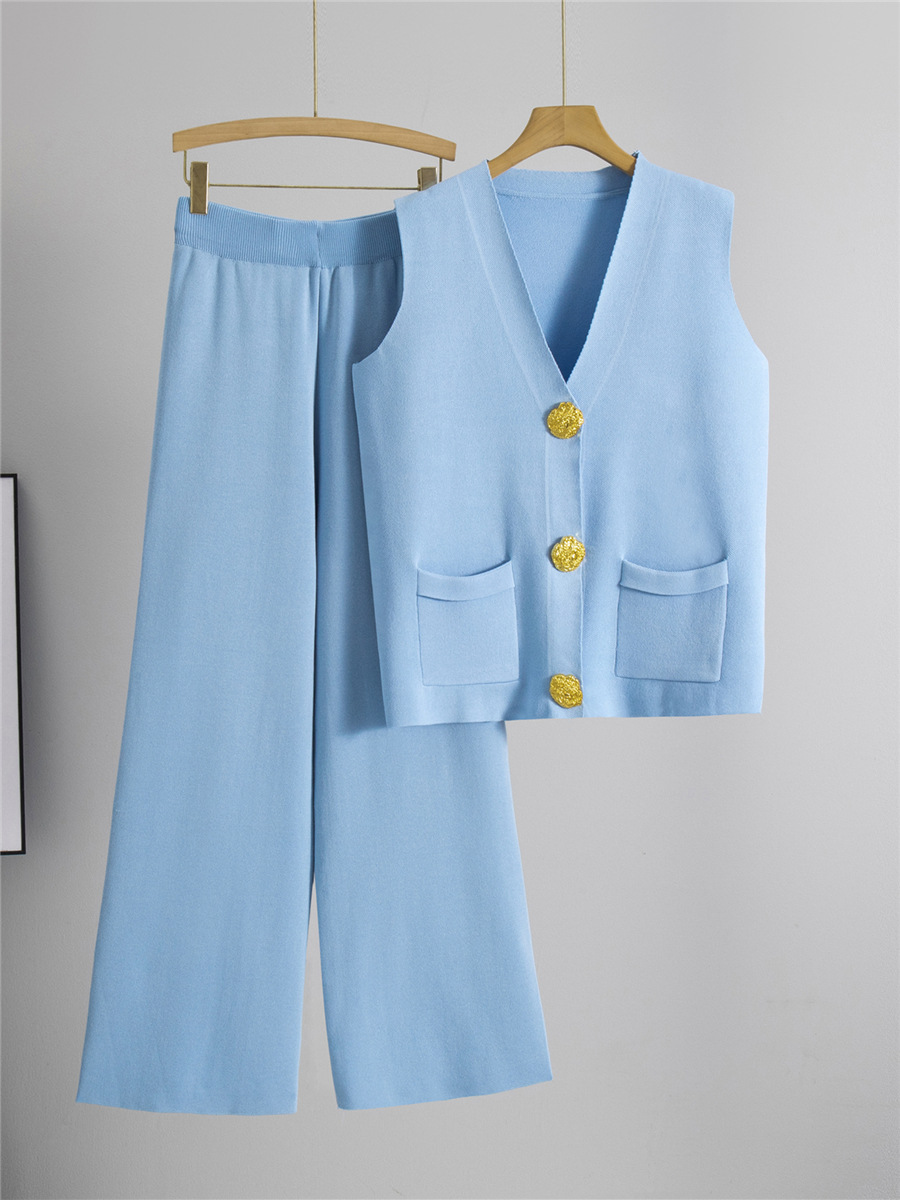 跨境2025夏季新款时尚两件套大纽扣V领针织背心休闲长裤针织套装 2