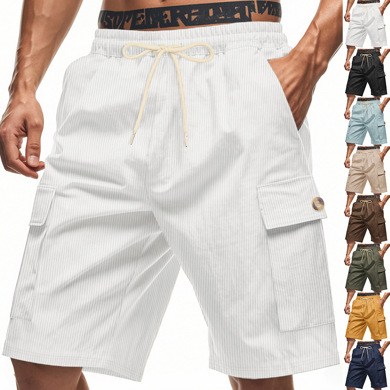 Cross-Border Amazon New Product Corduroy Multi-Pocket Cargo Shorts Men's Casual Lace Button Straight Shorts Men's Summer