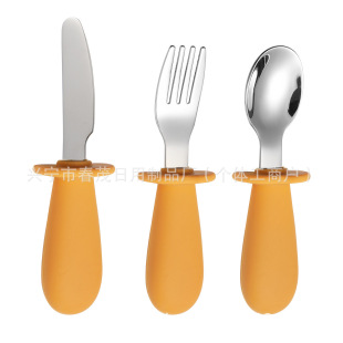 Children's 316 Stainless Steel Knife, Fork, Spoon, Knife and Fork, Infant Silicone Short Handle Eating Spoon, Portable Meal
