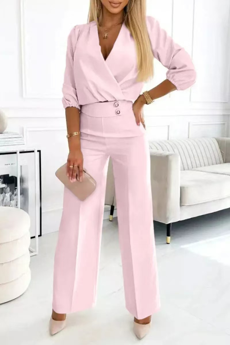 Women's Solid Color V-Neck Two-Button Casual 2-Piece Pant Set Regular Thickness For Spring/Autumn And Summer_ecoleips.com