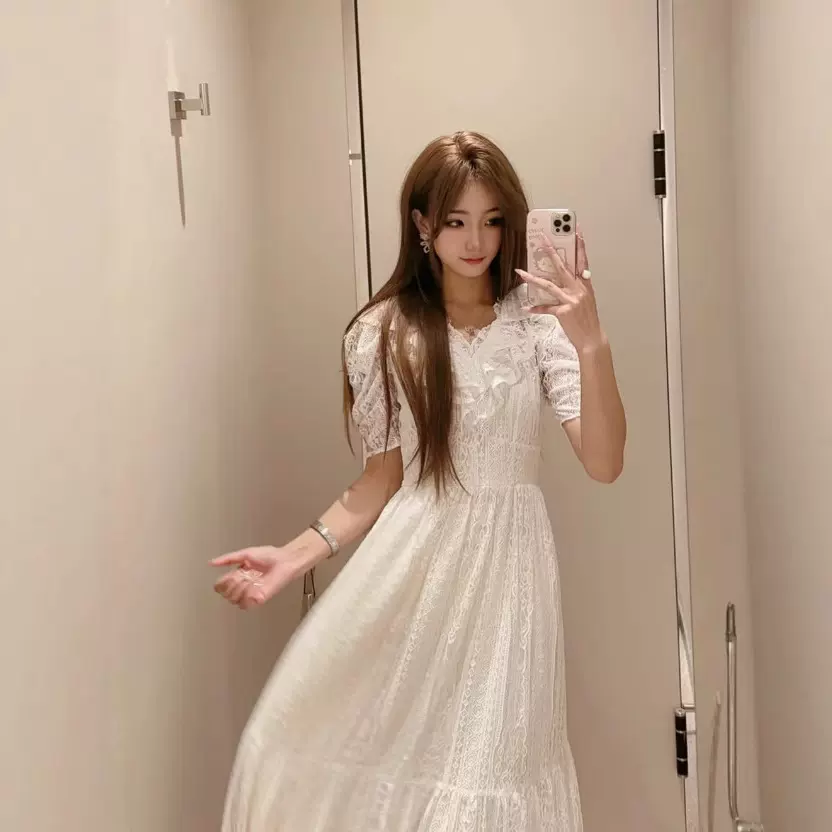 【黛珊】2025 夏新跨境日系甜美V领木耳边蕾丝拼接收腰高腰连衣裙