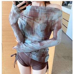 Swimsuit Women's Split Neck Hanging Pure Internet Tracing Style Slight Fat Belly Covering Slim Conservative Long Sleeve Three-piece Suit High-grade Sense