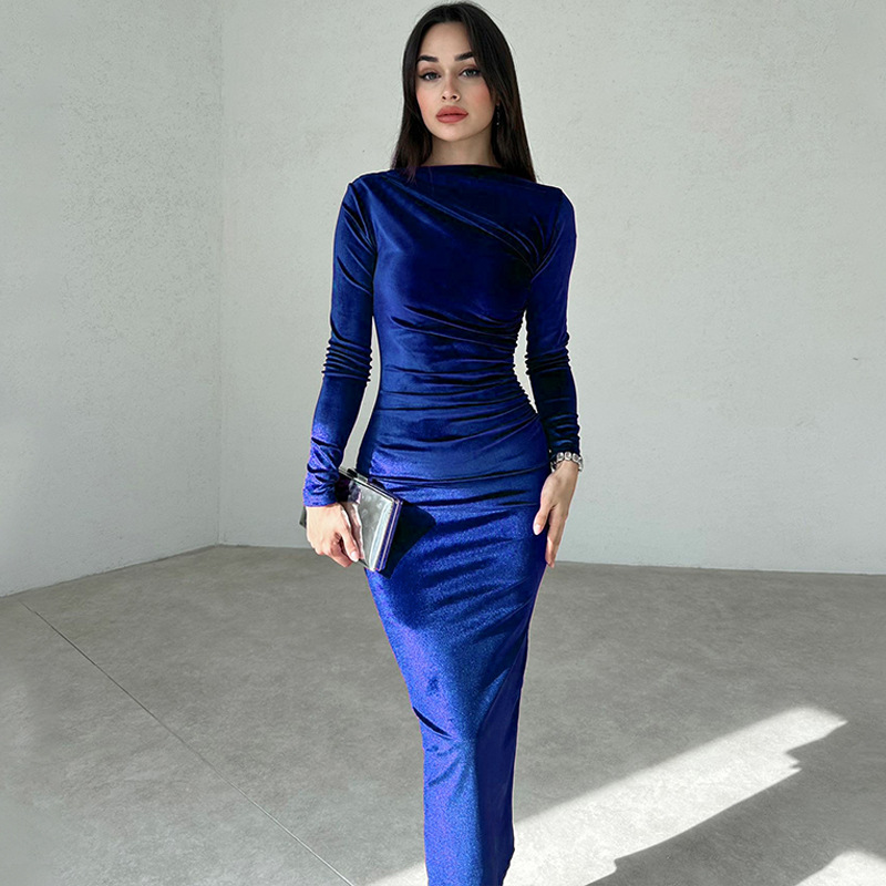 462g Weight Midi Dress Dress Length Type Long Sleeve Sleeve Length Velvet Dress Dresses Type Spandex, Polyester Fabric Type Mid Waist Waist Line Banquet, Evening Party Occasion Round Neck Neckline Slim Fit Type Solid Color Pattern Spring Season Women's Gender Elegant Style Wholesale Women's Elegant Solid Color Banquet Evening Party Round Neck Long Sleeve Velvet Dress 7