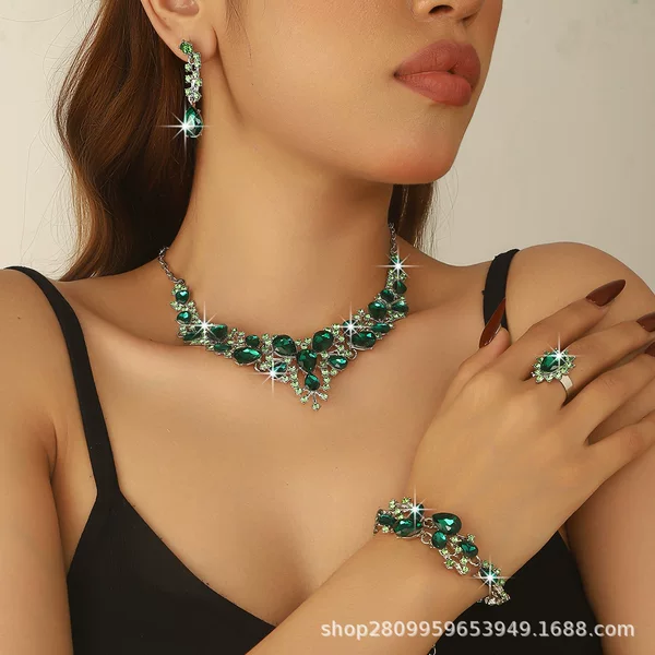 Amazon's Hottest Wedding Bride Shiny Crystal Necklace Earrings Bracelet Ring Jewelry Set High-End