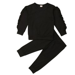 外国貿易向け女児用無地冬服セット、フリル袖ツーピース、黒、ピンク、ワインレッド、コーヒー色、A級安全基準