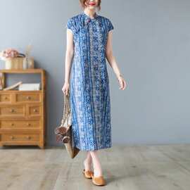 2023夏季新款中式复古气质盘扣文艺中国风改良旗袍蜡染茶服女