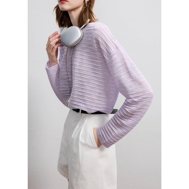 2025 Early Autum New Purple Cut Out Blouse Stripesd Knitwear Knitwear Top Sun Protection Light Women