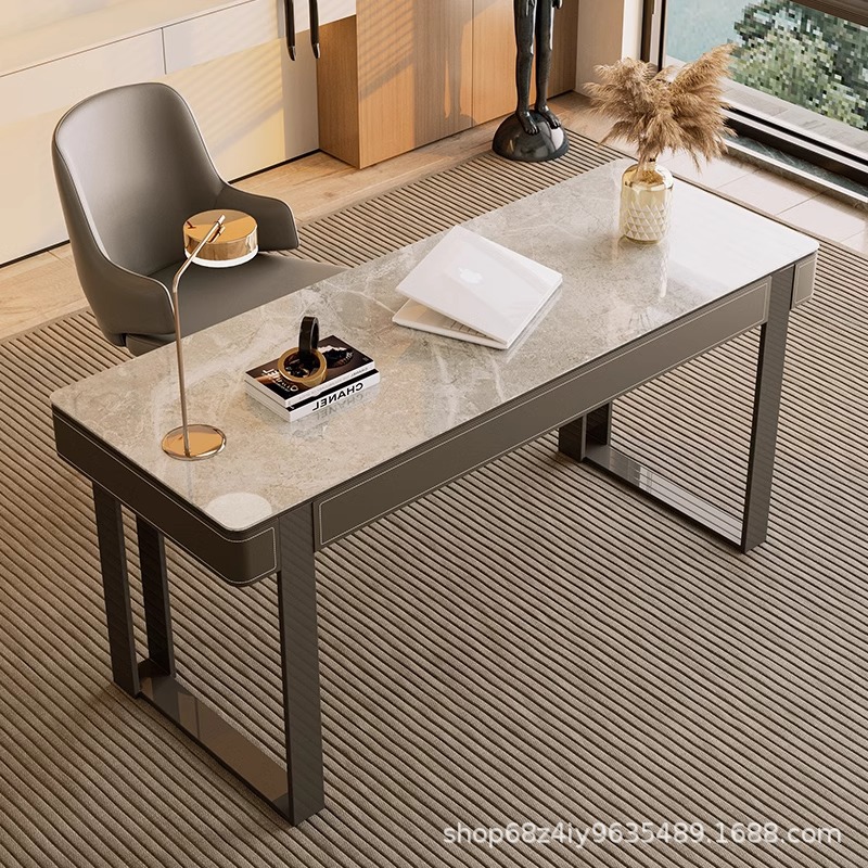 Saddle Leather Desk Light Luxury Solid Wood Modern Study Computer Desk Italian Minimalist Home Writing Workbench Desk