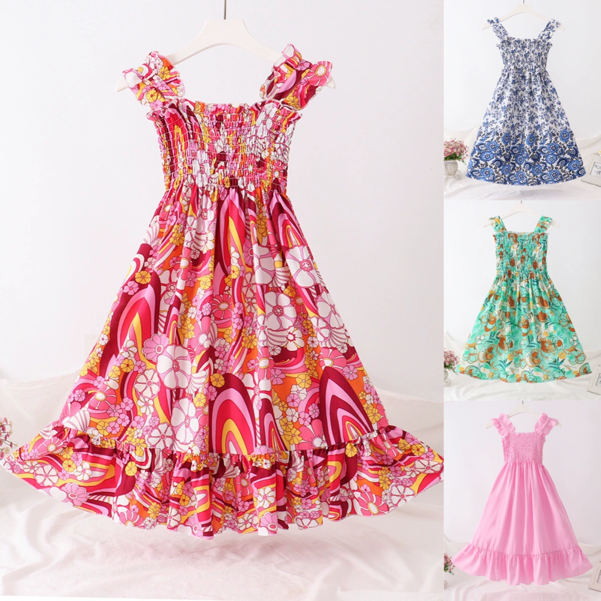 Европейский и американский стиль ins летом большая и большая девочка подтяжка юбка пляжный национальный ветер хлопковое шелковое платье для детей Принцесса юбка