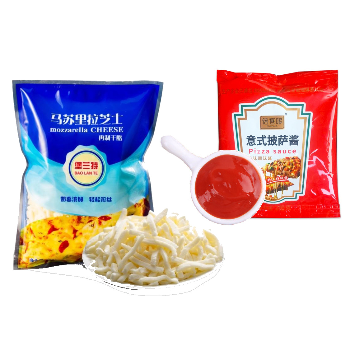 잘게 썬 치즈 450g + 피자소스 200g