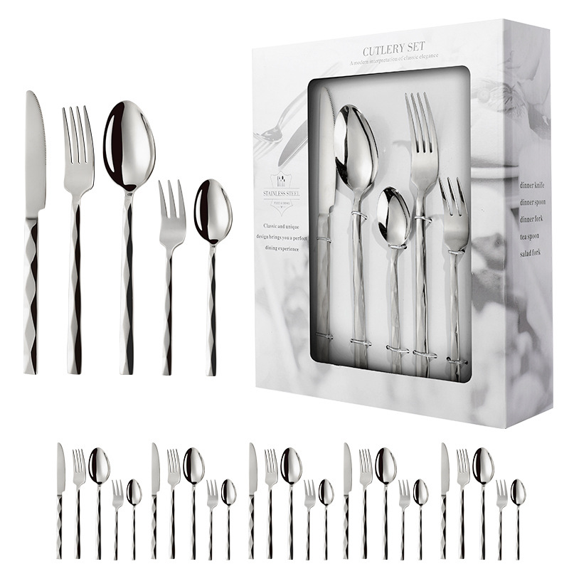 cubiertos de acero inoxidable agua ondulada diamante mango cuadrado cuchillo de filete tenedor cucharas 24 hotel comida occidental 30 juegos de caja de regalo image 6