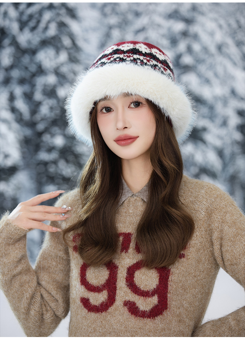 Cappello da pescatore invernale retrò in stile etnico jacquard lavorato a maglia, in pelliccia di coniglio, caldo, spesso e antifreddo_voghion.com