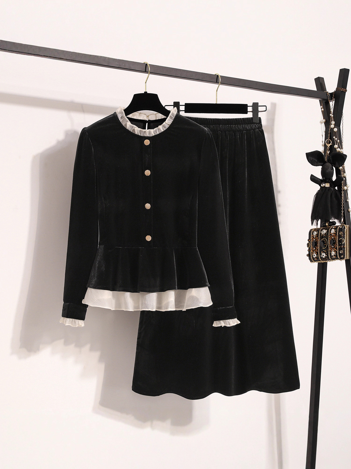 Plus Size Women's Fat mm Autumn and Winter Suit Top High-End Loose Belly-Covering Black Skirt Two-Piece Set 66658 #