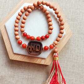 新款原创设计老山檀两圈手串搭配沉香吉牌红玛瑙棉绳流苏新中式