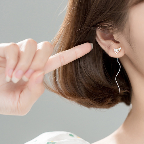 Pure silver earrings with a refined Korean style, versatile and fashionable, individualistic flowing fringe long drop earrings, stylish.