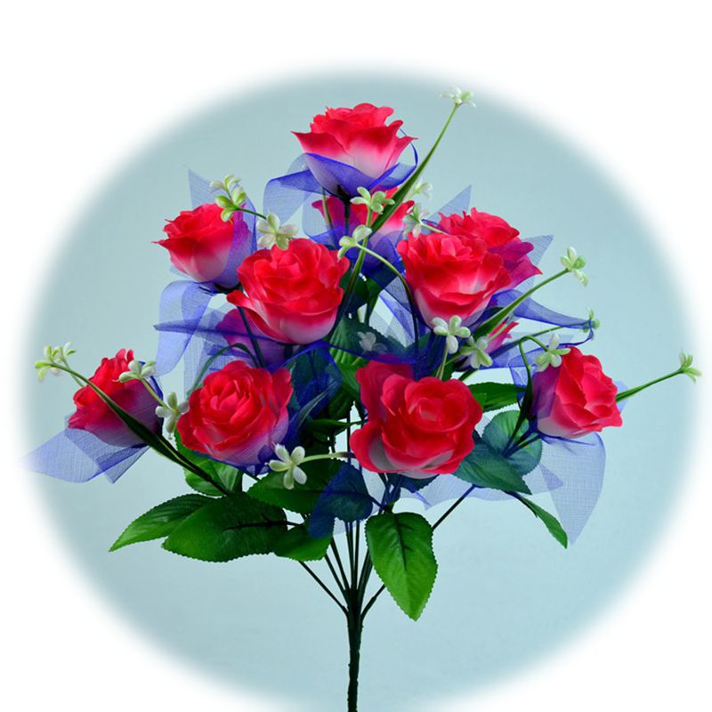 Fabricante de flores artificiales, venta al por mayor de rosas artificiales con doce cabezas, hierba estrella con gasa, rosas pavo real, flores de seda, ramos de flores artificiales.