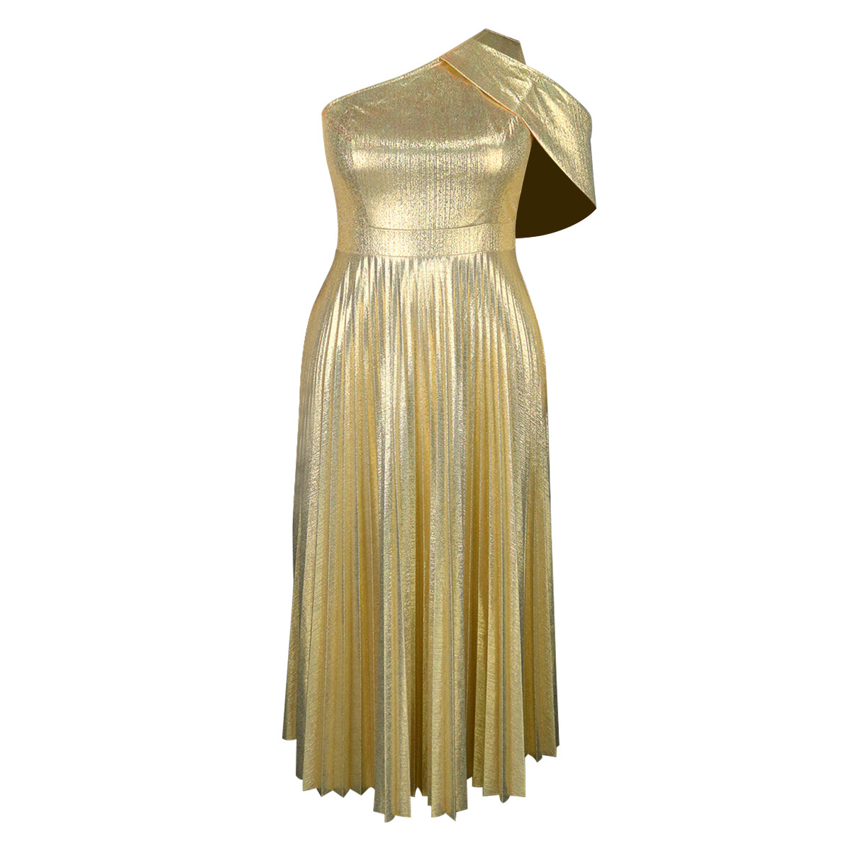 Elegante vestito da donna monospalla con gonna a pieghe da cerimonia_voghion.com