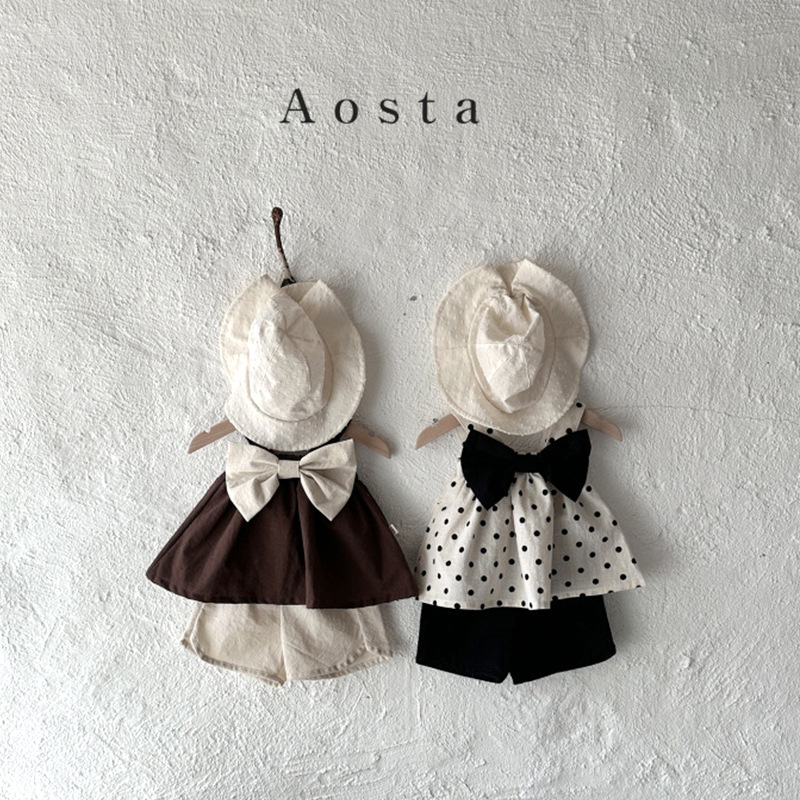 Conjunto de dos piezas de verano para niñas, estilo coreano, ropa infantil, conjunto de tirantes con lazo para bebé, ropa de verano elegante para bebé, estilo fino