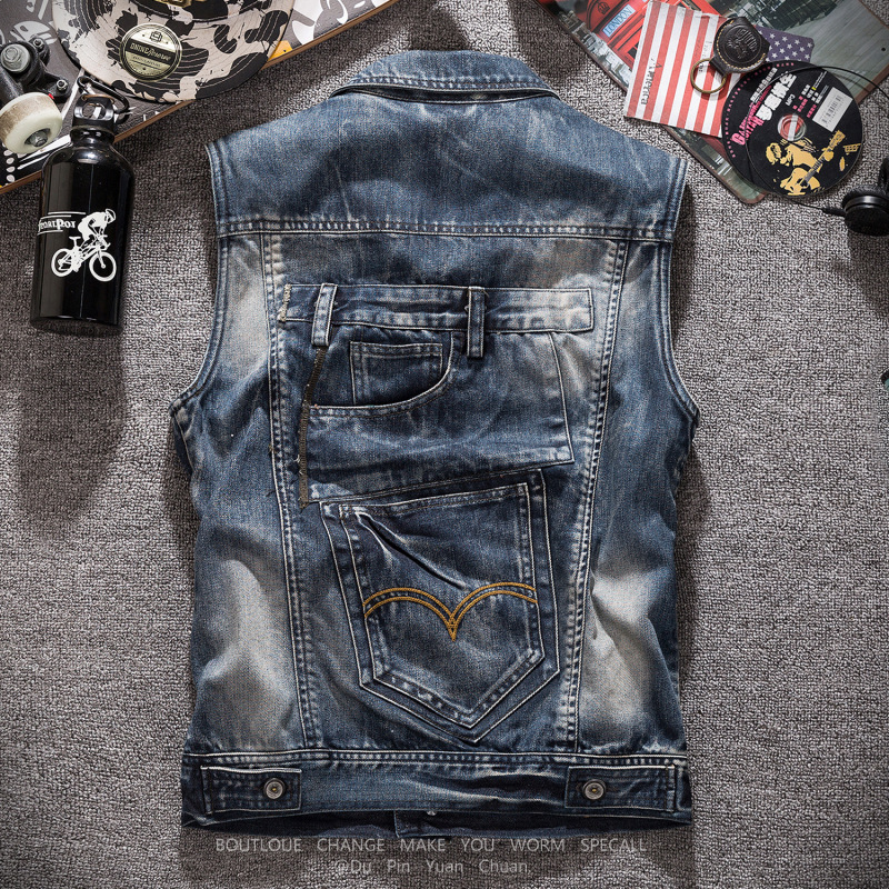 Spring and Autumn Europe and the United States plus large size New waistcoat motorcycle denim vest men's slim fit large pocket work vest