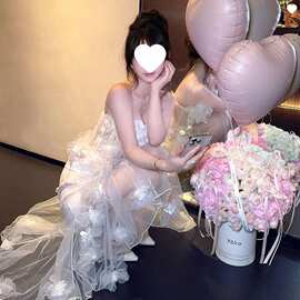白色连衣裙女感名媛生日小礼服重工立体花朵鱼尾包臀裙