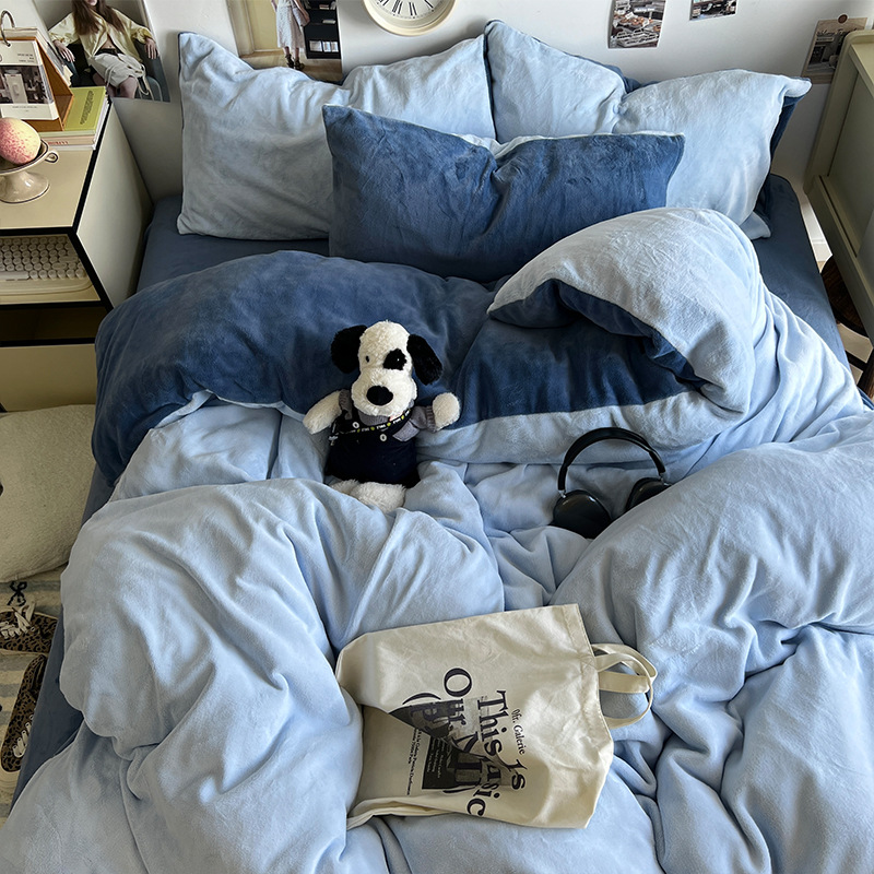 Cama de terciopelo de leche doble de color sólido de invierno juego de cuatro piezas engrosado más funda de edredón de terciopelo juego de tres piezas sábanas de dormitorio