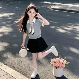 女童夏季纯棉套装2026新款儿童洋气针织上衣女孩夏装半身裙两件套