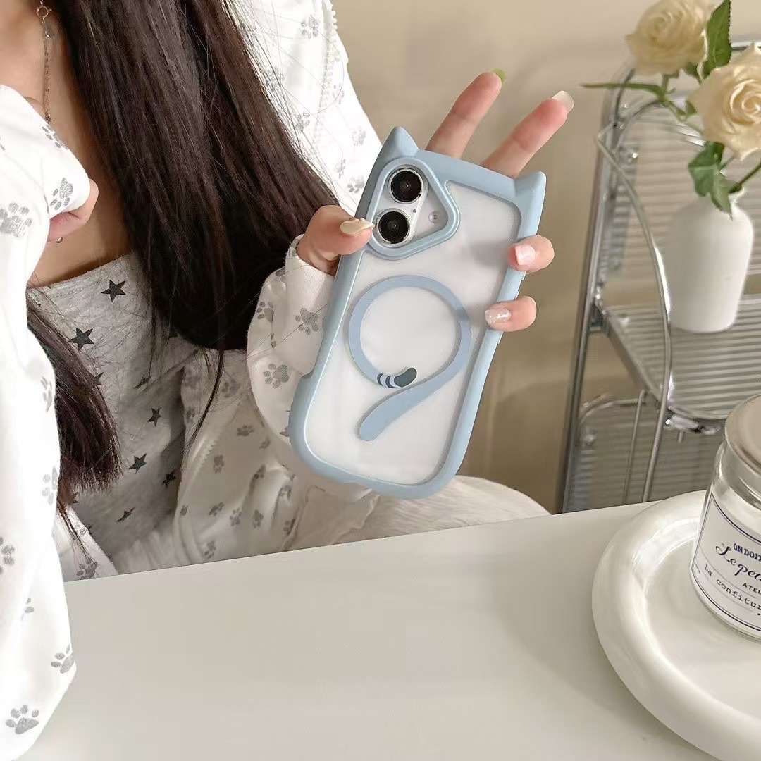 Oreja de gato de dibujos animados atracción magnética transparente para iPhone16ProMax Apple 14/13 funda para teléfono móvil 15P pareja 16 suave