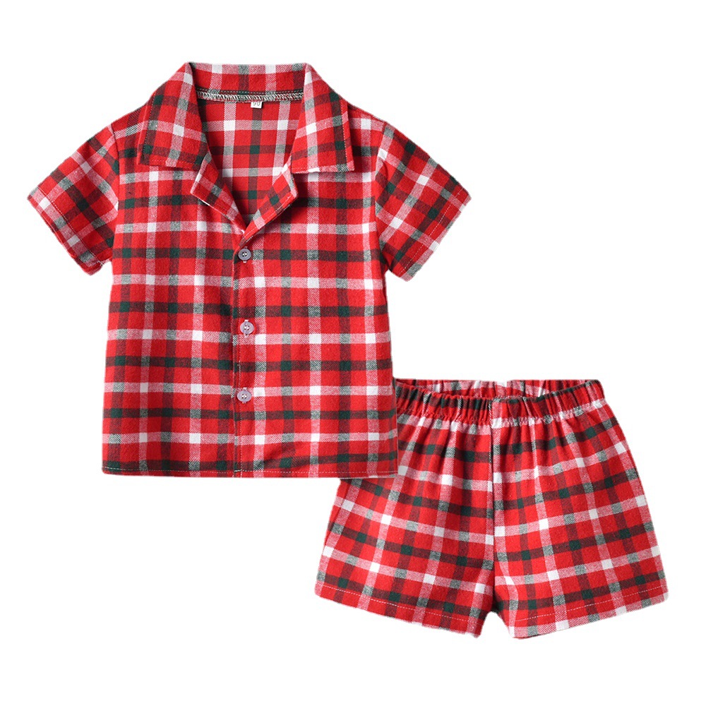 Nuevo producto traje de pijama 204 camisa de doble velo a cuadros de manga corta de verano pantalones cortos casuales ropa de hogar para niños niños