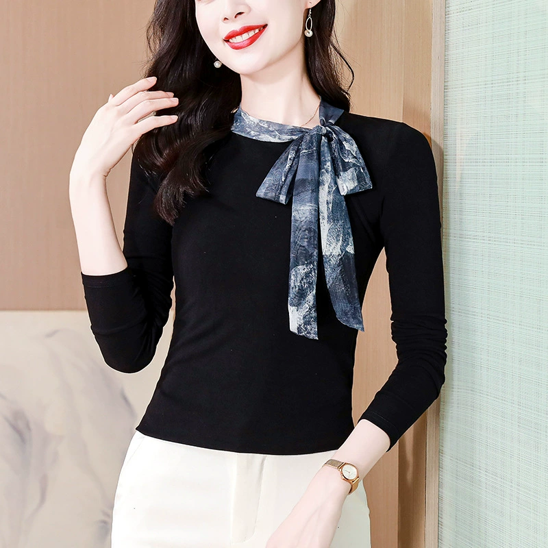 Топы в китайском стиле для женщин весной и осенью, новые стильные рубашки с бантом и лентой для внутренней и верхней одежды, французские футболки с длинными рукавами