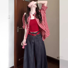 日系复古红色格子衬衫外套女夏季vintage松弛感休闲防晒衬衣外套