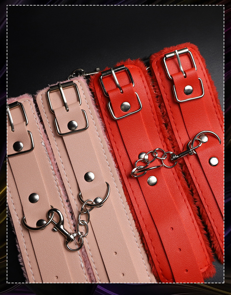 Plush-Lined Leather Bondage Handcuffs in Black and Pink for Adult Couples — detail image 24