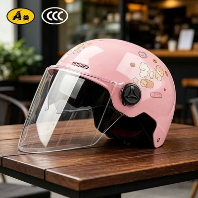 Motosiklet kaskı (dəbilqə) adult half helmet for electric vehicles - glossy-double-mirror-model-pink-bread-rabbitsunshade-hidden-inner-mirrorlong-lensapproximately-185cm-in-length