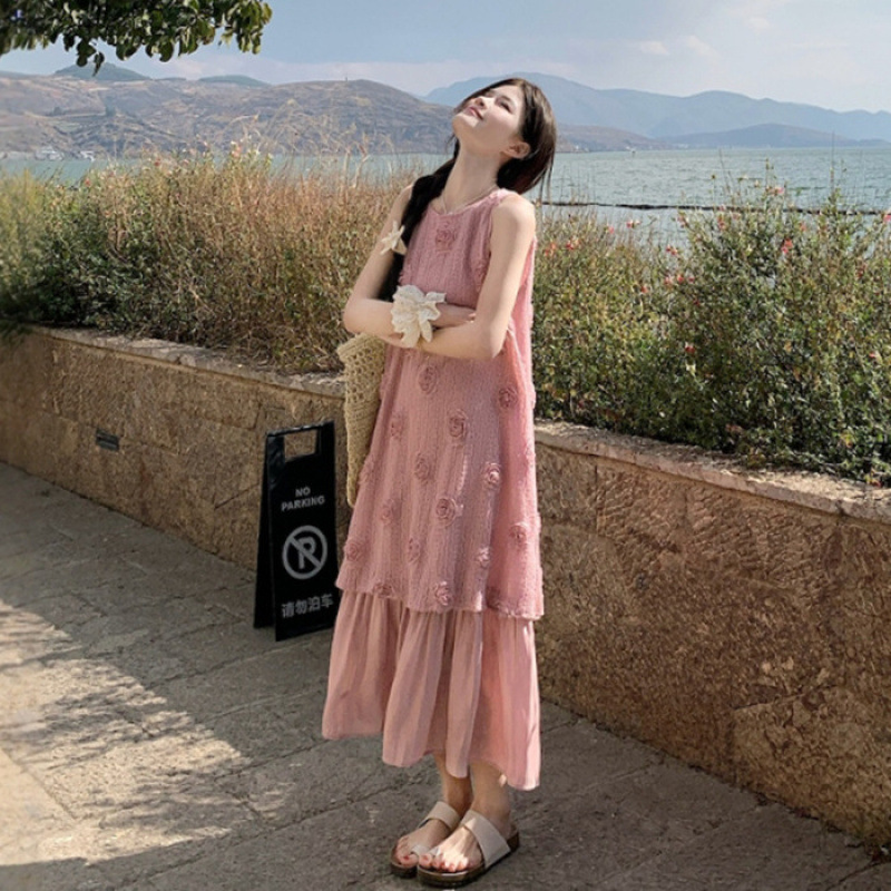 大码夏季法式复古温柔风假两件百褶无袖背心连衣裙女气质长裙|undefined