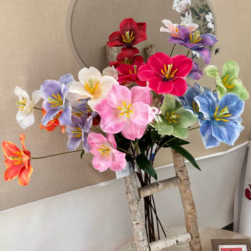 3头翻瓣郁金香仿真花平面郁金香客厅装饰花婚庆路引挑高插花假花