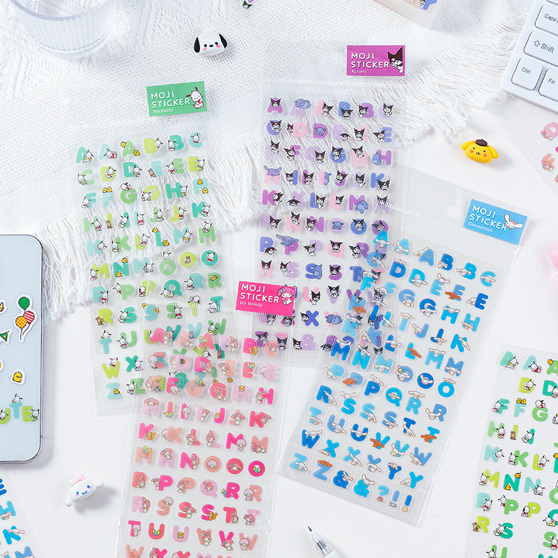 Sl-38 Sanrio English Letters Transparent Cartoon Cute Stickers Kurome Melody Pacha Dog Cinnamon Dog