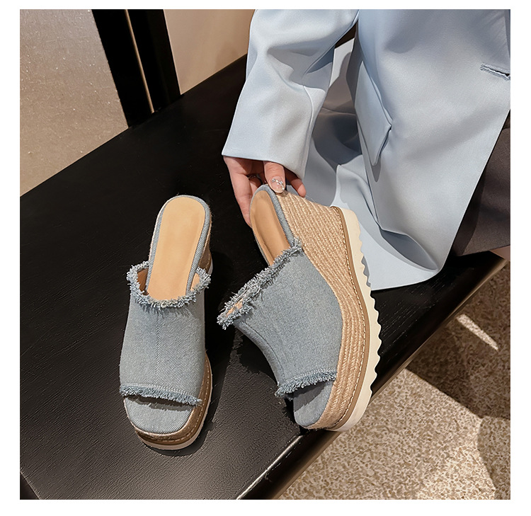 Sandal cao gót nữ hở mũi chất liệu denim, đế xuồng bện cói, gót cao 9 cm — Cao bồi xanh chi tiết 23