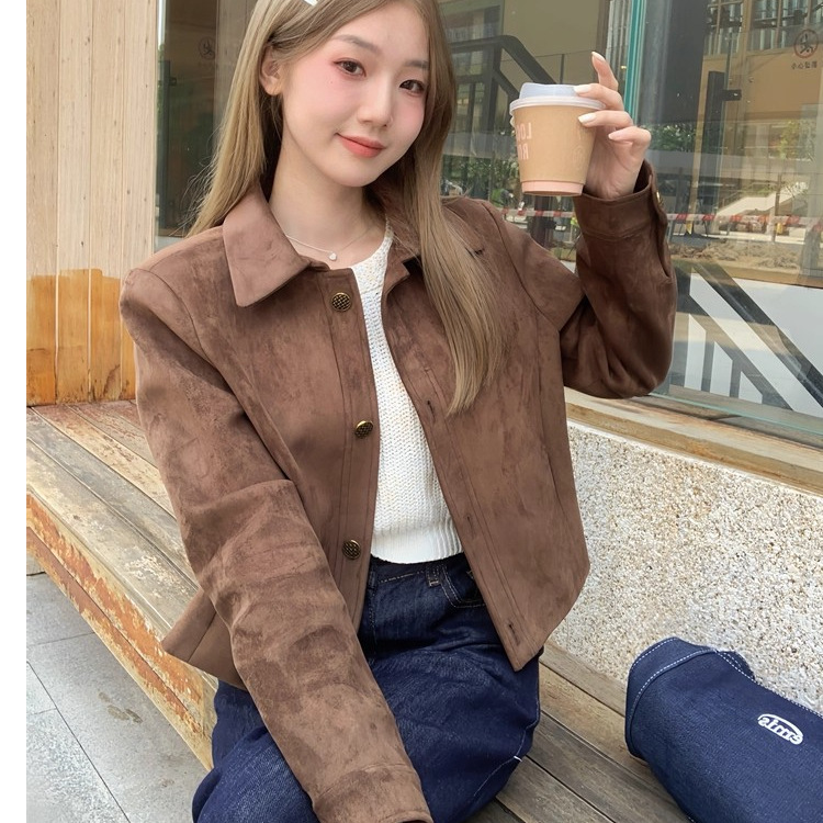 复古咖色翻领麂皮绒短外套女秋季感机车风气质超好看夹克短外套|undefined