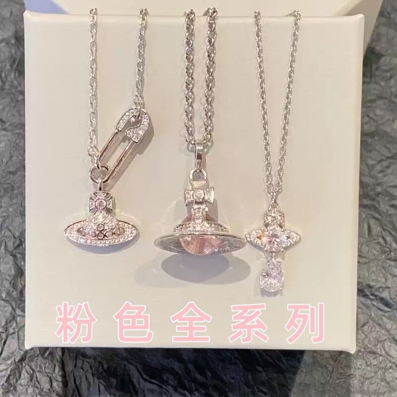 [Pink Series] Empress Dowager Orb Pink Bow Mermaid Tears Medium Three-Dimensional Planet Necklace Clavicle Chain
